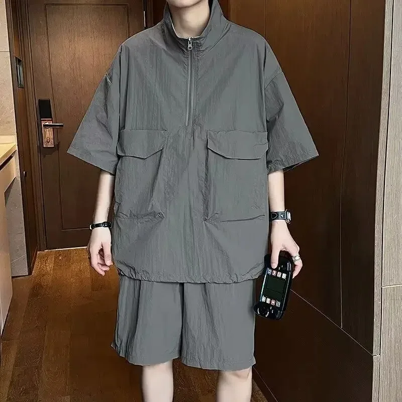 

Nylon Men's Shorts Set Plain Sports Suits Elastic Chic Loose 2026 Trend Two Piece Korean Style Luxury Male T Shirt Short Sets