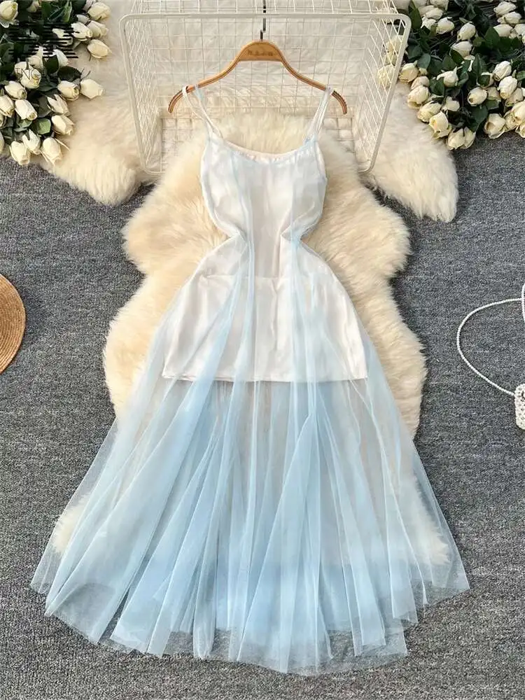 BabYoung Gentle Vacation Suits Women Sleeveless Straps Solid Mini Dress+Sheer Gauze Dress 2025 Fashion Sweet Beach Sets