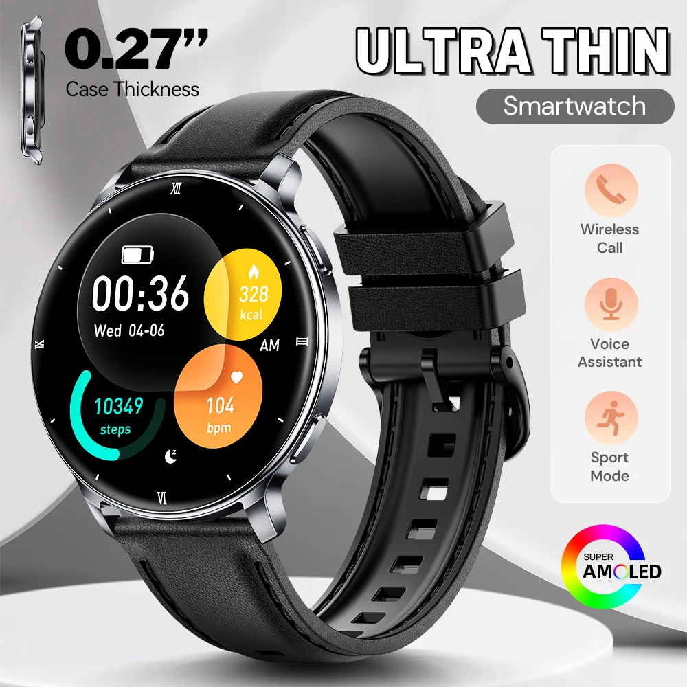 

Ультратонкие умные часы - тонкий дизайн 0,27 дюйма, AMOLED-дисплей 1,32 дюйма, аккумулятор 450 мАч, водонепроницаемость 3ATM, Bluetooth-звонки, измерение пульса, B