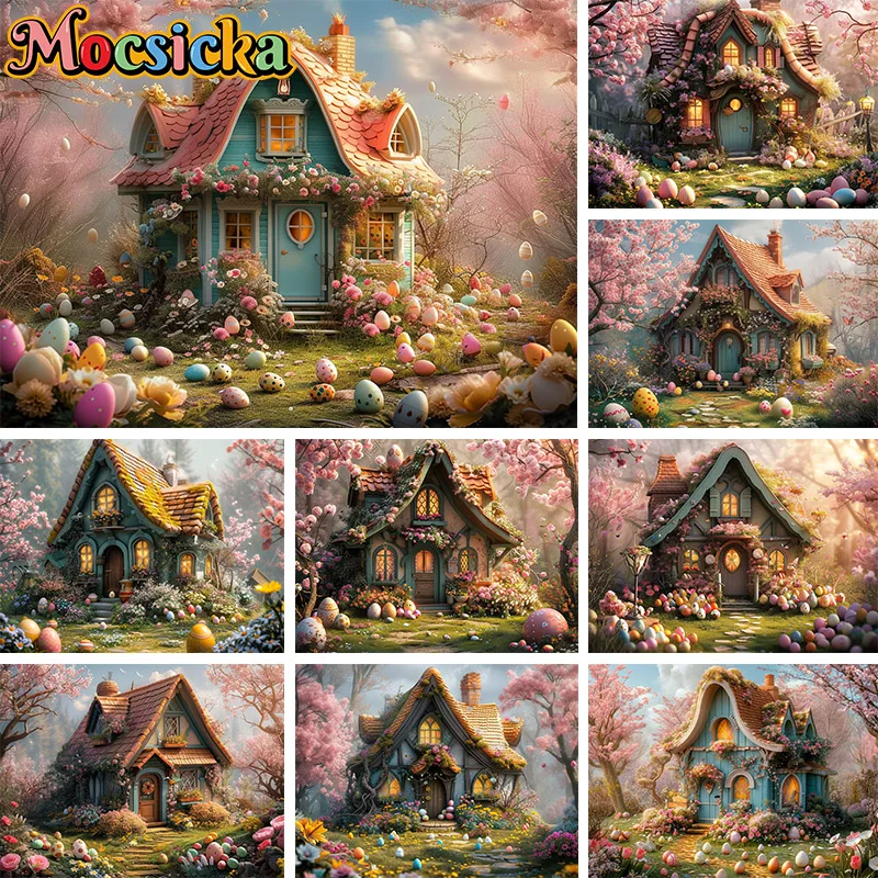 

Easter Photography Backdrop Fairy House in the Forest Bunny Eggs Newborn 1st Birthday Artistic Portrait Kids Photo Background