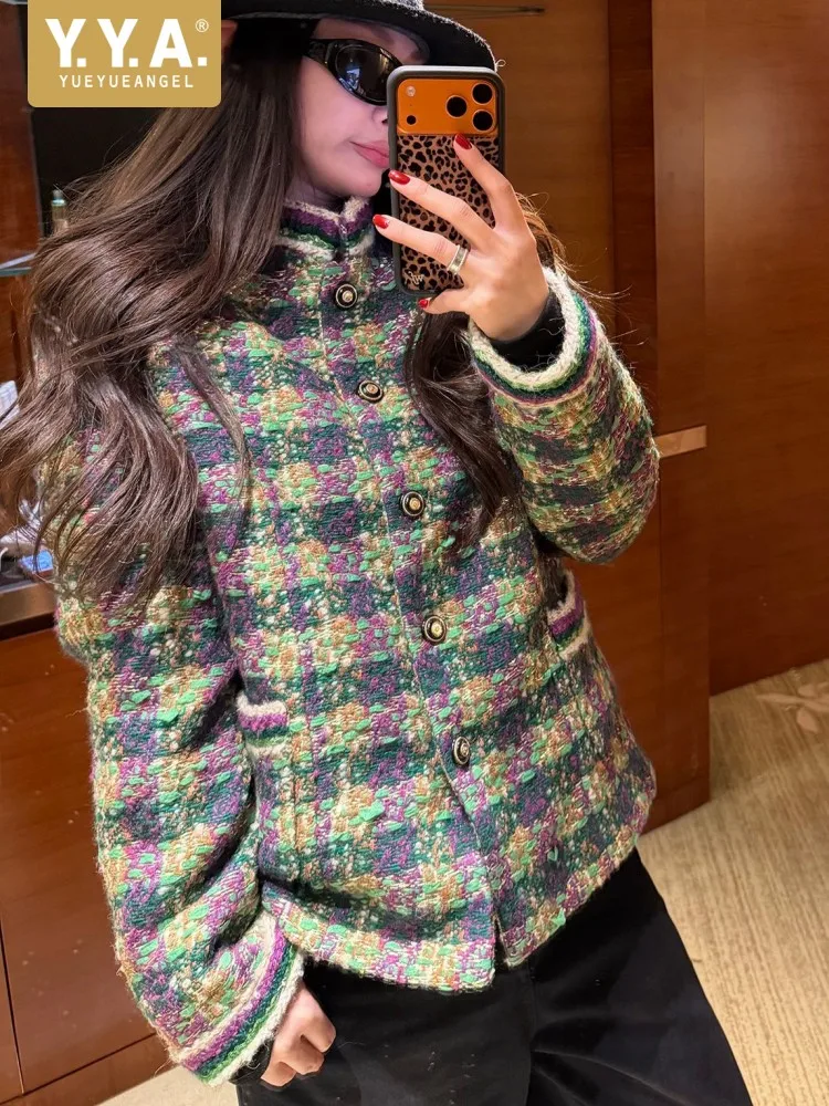 Autumn Winter Women Vintage Tweed Jacket Stand Collar Warm Padded Plaid Coat Long Sleeve Single Breasted Female Casual Outerwear