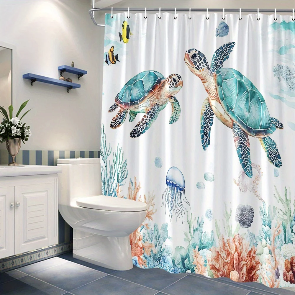 Sea Turtle Shower Curtain – Whimsical Underwater Scene with 2 Turtles, Coral Reef, Jellyfish & Fish on White, Waterproof
