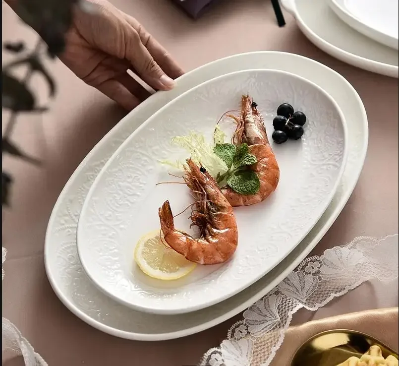 

Oval Dinner Plate White Ceramic Restaurant Main Dish Decor Nordic Serving Home Kitchen Embossed Tableware