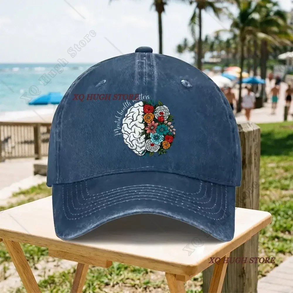 Mental Health Matters Floral Brain Vintage Washed Baseball Cap Female Cowboy Sun Hats Hip Hop Mens Snapback Cap
