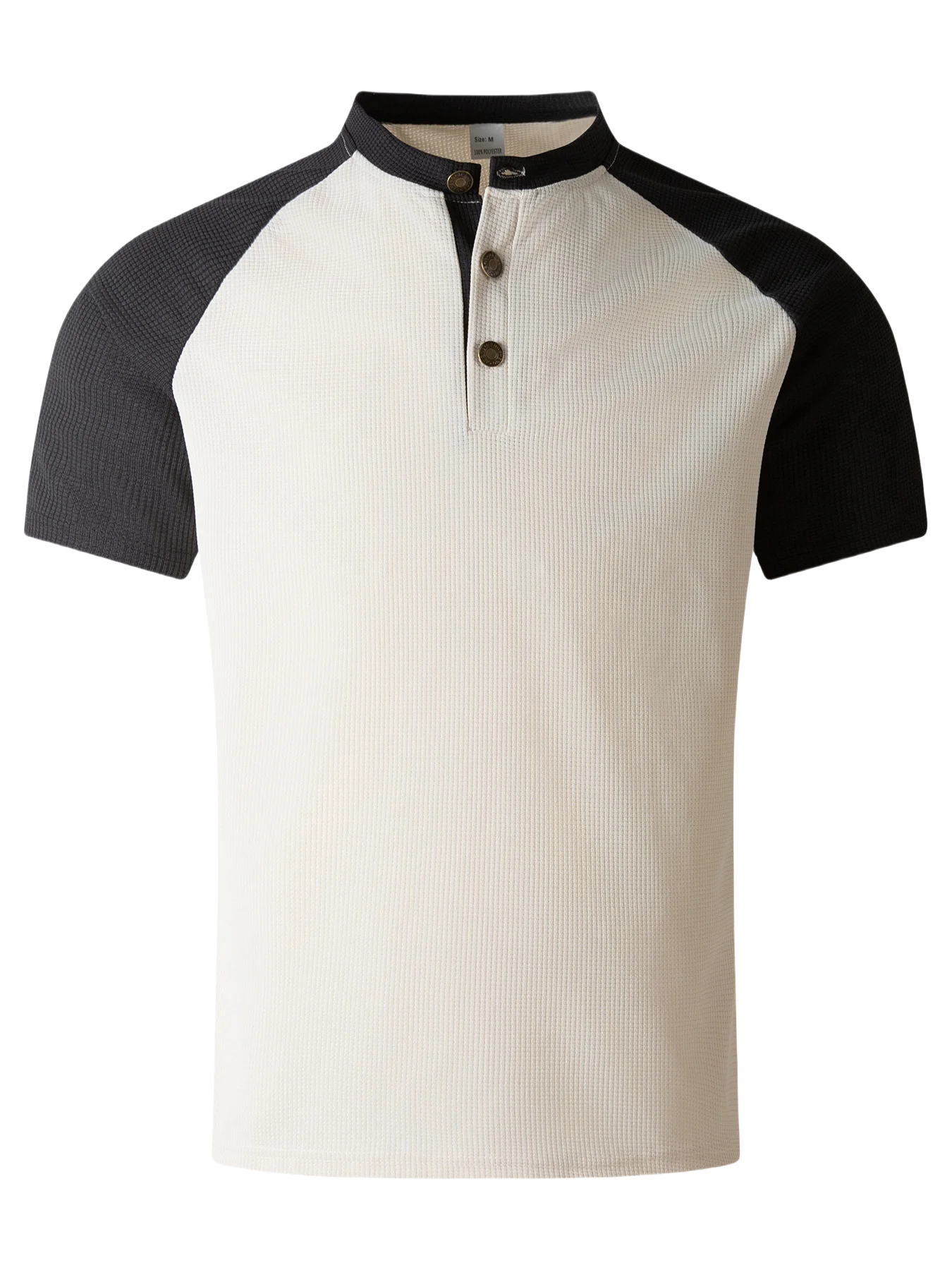 Men's Waffle Knit Color‑Block Raglan Henley Short Sleeve T‑Shirt, Button Stand Collar Tee, Summer Breathable Daily Casual Tops
