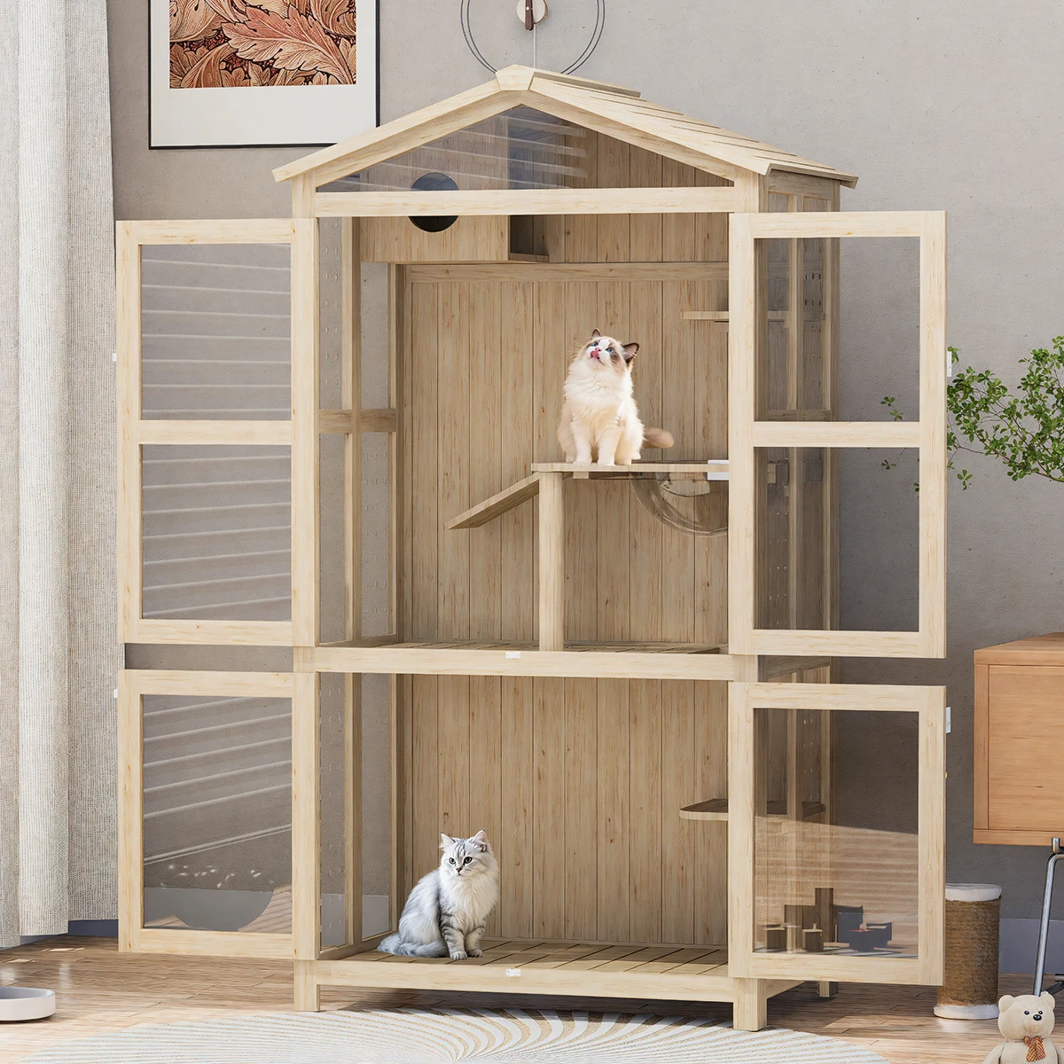 Solid wood cat villa home indoor all seasons, upper and lower two-storey large-size integrated cat nest with toilet