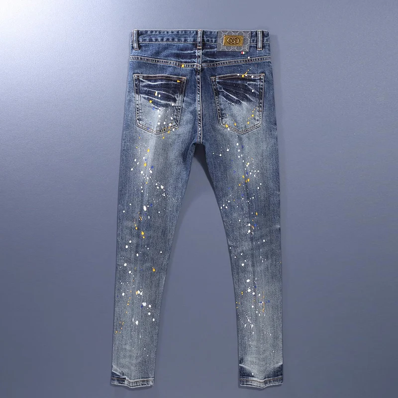 Newly Designer Fashion Men Jeans Retro Washed Blue Elastic Slim Fit Ripped Jeans Men Painted Designer Hip Hop Denim Pants Hombre