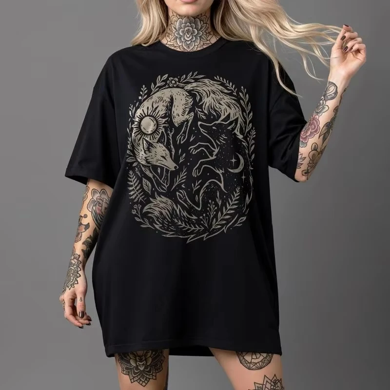 Magic Forest Mystery Animal Pattern Print Cotton T-shirt Dark Academic Natural Aesthetics Casual Short Sleeve Graphic Tee