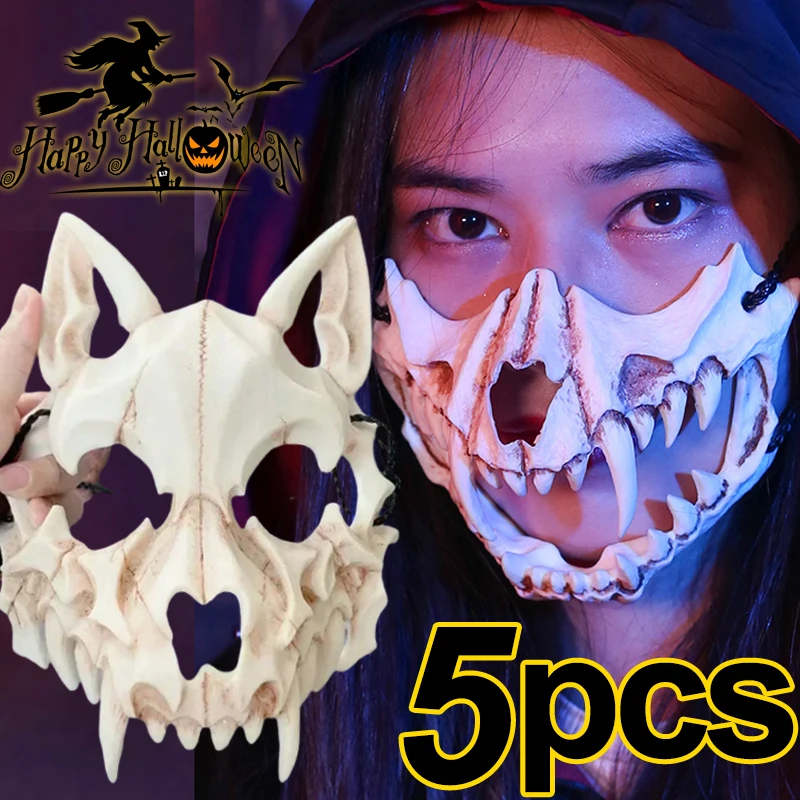 2024 New Halloween Mask Half-face Mask Cos Dragon God Fierce Tiger Night Fork Tengu Man Wolf Mask Performance Skull Masks