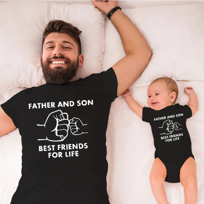 Father And Son Best Friends For Life Fist Bump Print Family Matching Outfit Look Dad Son Kids Tees Baby Romper Family Clothes