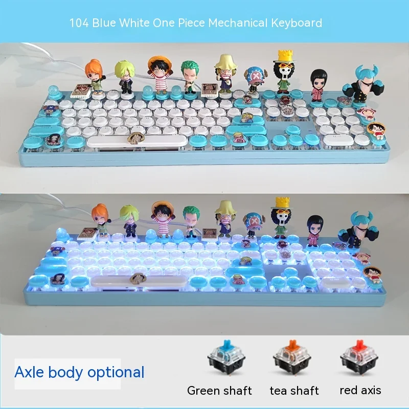 One Piece Luffy teclado mecânico, Branco Wired, Hot Swap, Eixo Verde, Black Tea Axis, Kawaii, Holiday Gift, 104