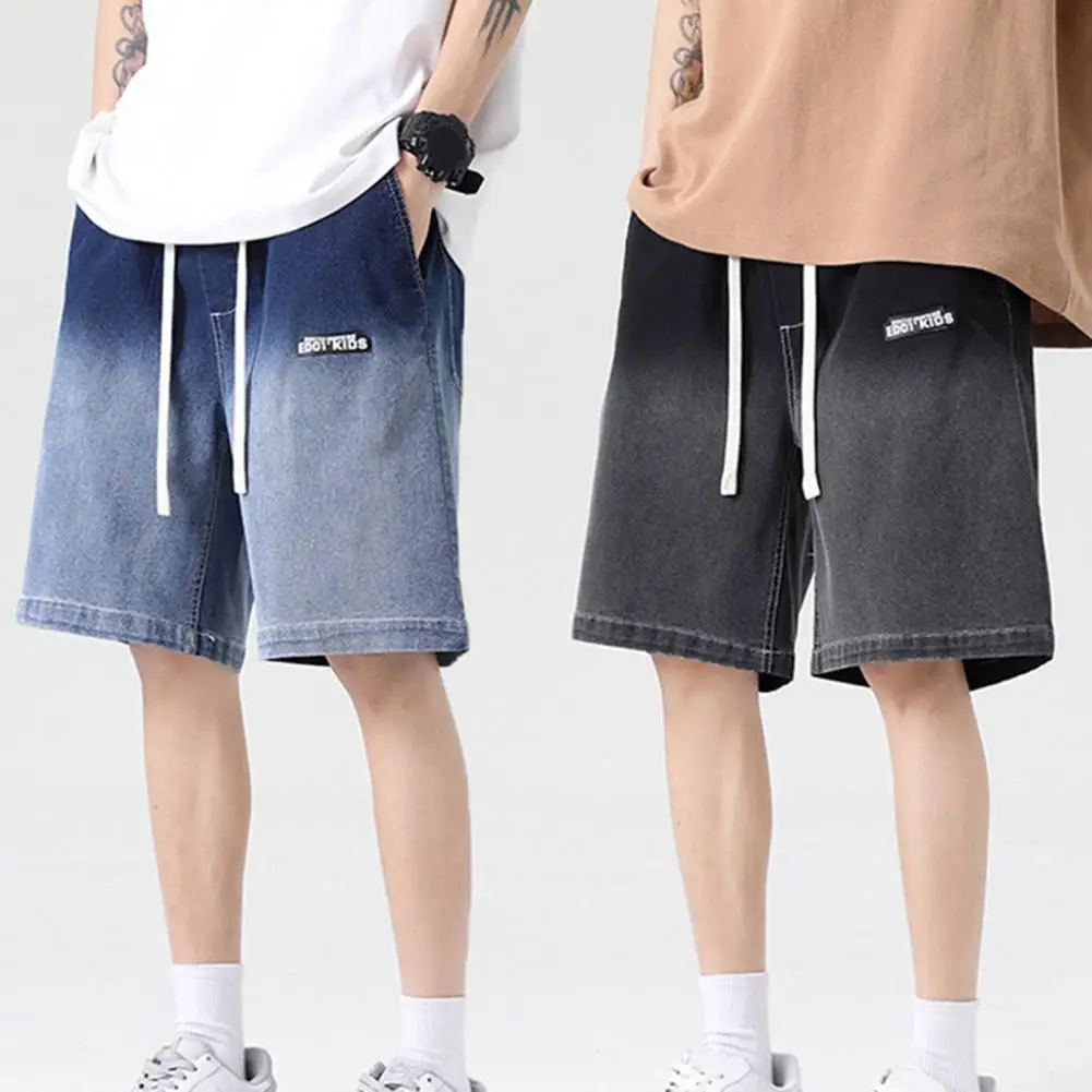 Men Summer Shorts Elastic Waist Drawstring Wide Leg Loose Gradient Color Deep Crotch Straight Knee Length Pockets Short Jeans