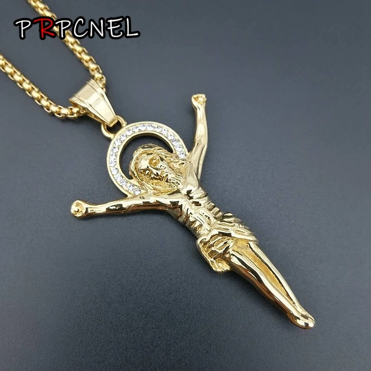 316L Stainless Steel Necklace Chain Gold Color Christian Jewelry Jesus Crucifix Men\'s Cross Pendant Necklace For Men