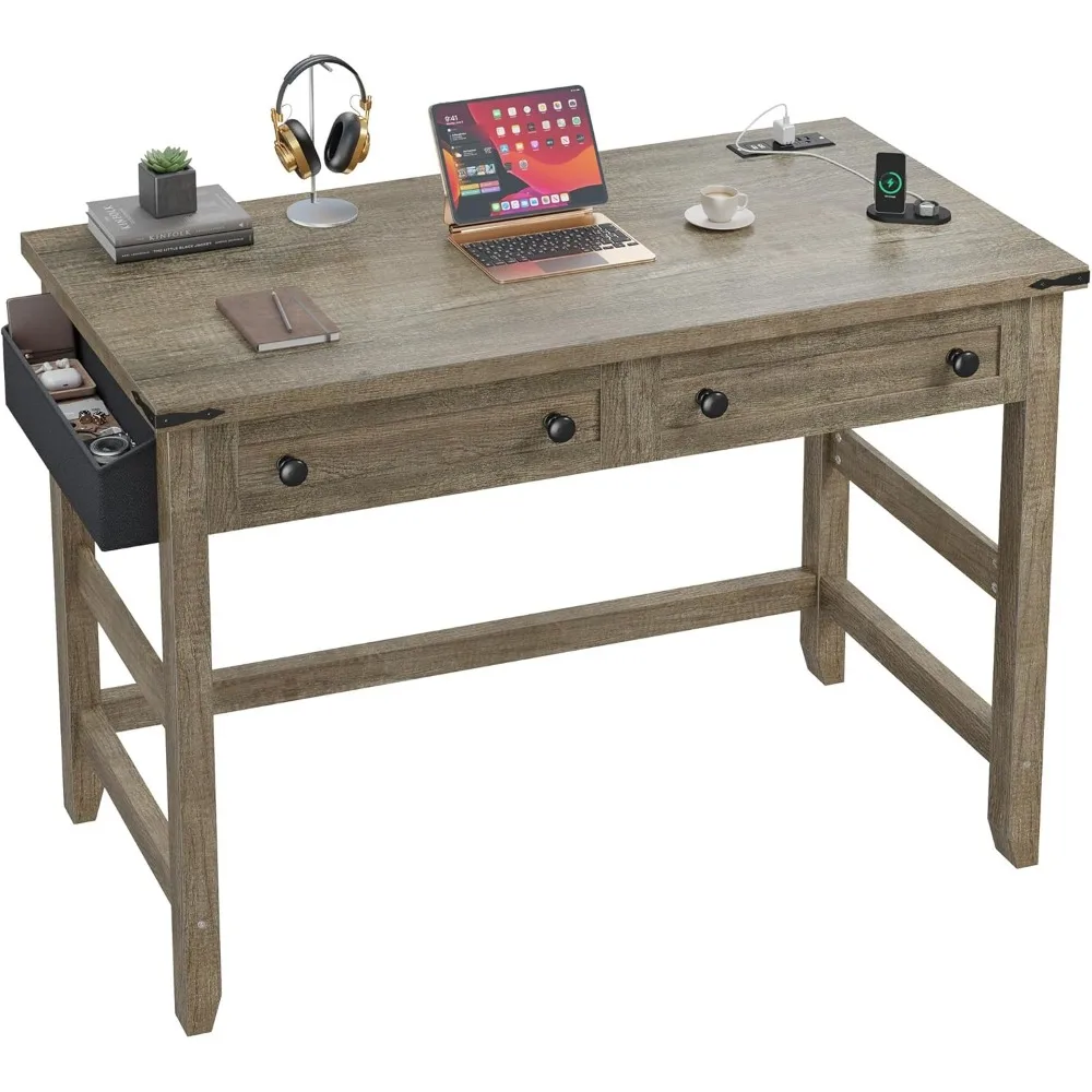 

40" Small Desk with Drawers & Power Outlets, Computer Desk for Home Office, Bedroom, Desks with a Side Pocket, Dark Rust