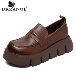 DRKANOL Fashion Women Wedges Heel Shoes 2025 Spring Thick Bottom Chunky Platform Round Toe Slip On Casual Loafers Retro Shoes