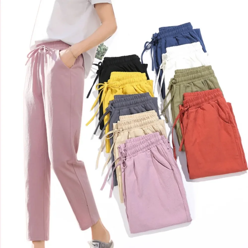 

Womens Spring Summer Pants Cotton Linen Solid Elastic waist Candy Colors Harem Trousers Soft high quality for Female ladys S-XXL