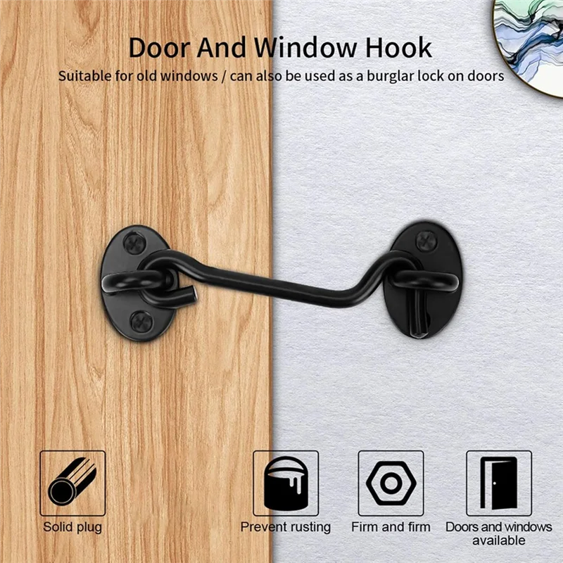 ABLK ドア用フックアンドアイラッチ、4インチフックロック、ドア、窓、木製フェンスに適したリッチブラックアイフックラッチ