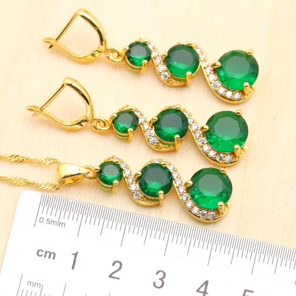 WPAITKYS Green Stones Gold Color Jewelry Sets For Women Party Bracelet Long Earrings Necklace Pendant Rings Free Gift Box