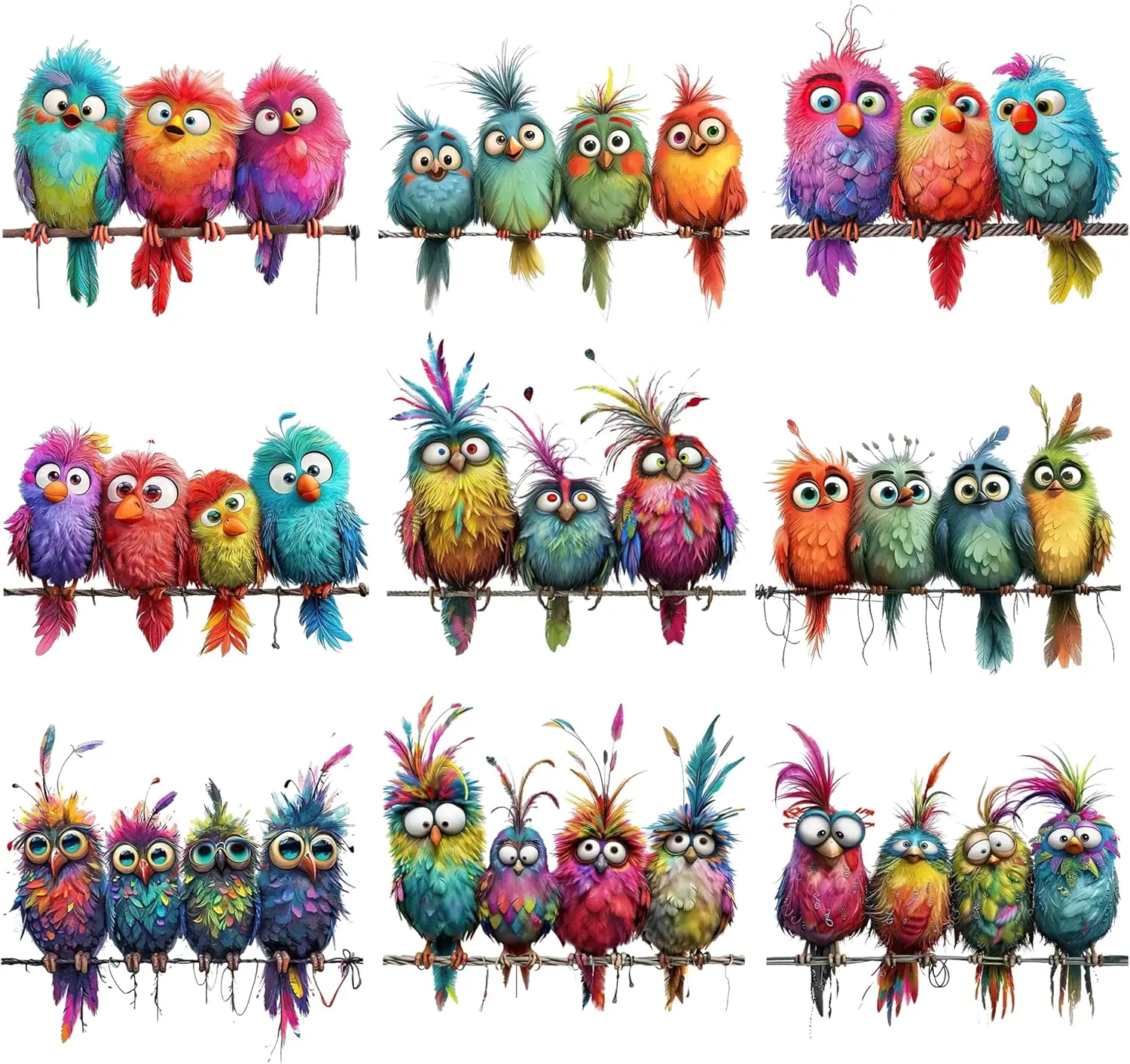 9Pcs Colorful Bird Vinyl Decals on Branch Peel and Stick Watercolor Wall Stickers for Room Decor