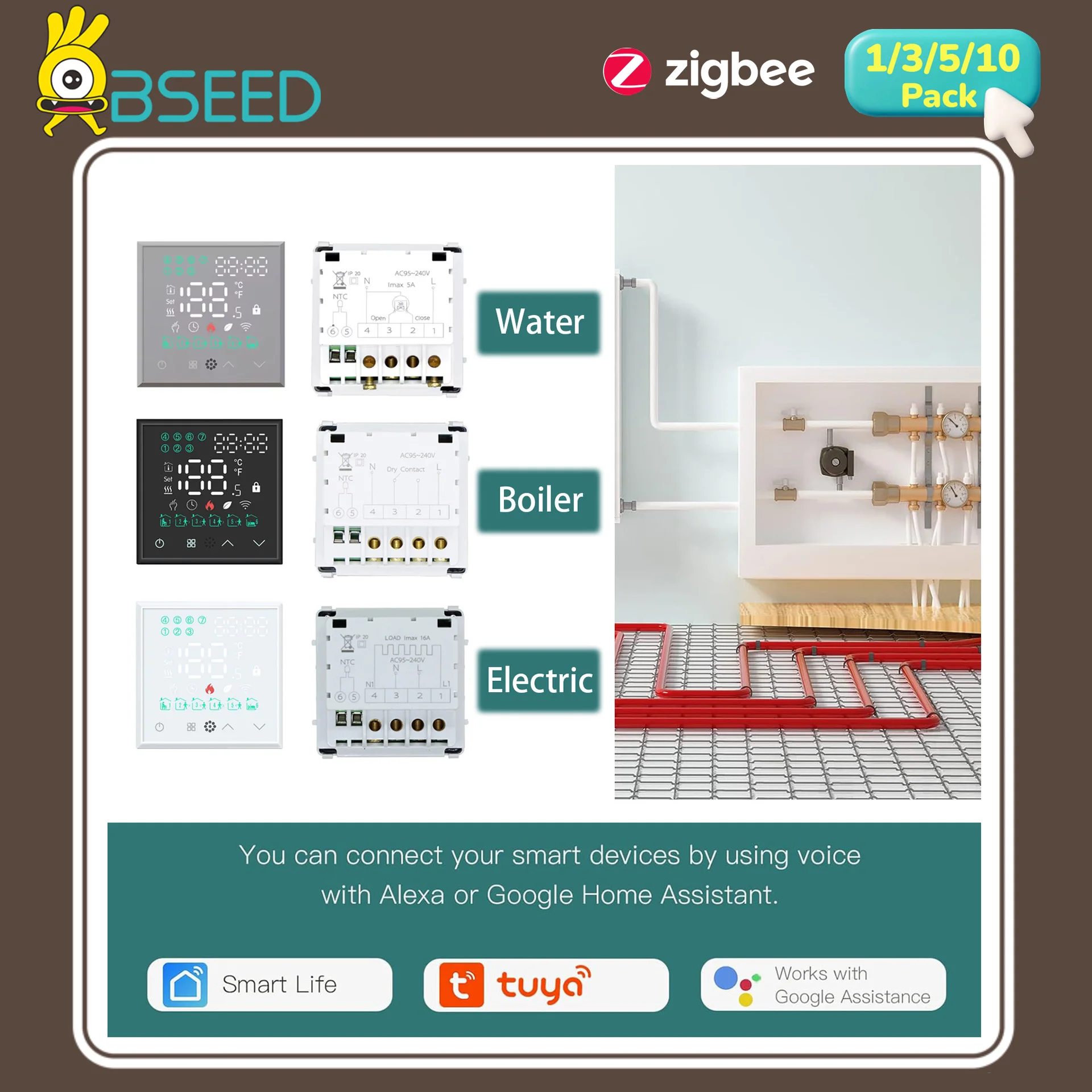 BSEED Touch Screen Electric Floor Heating Part Water Boiler Room Thermostat Module ZigBee Alexa Temperature Controller Tuya APP