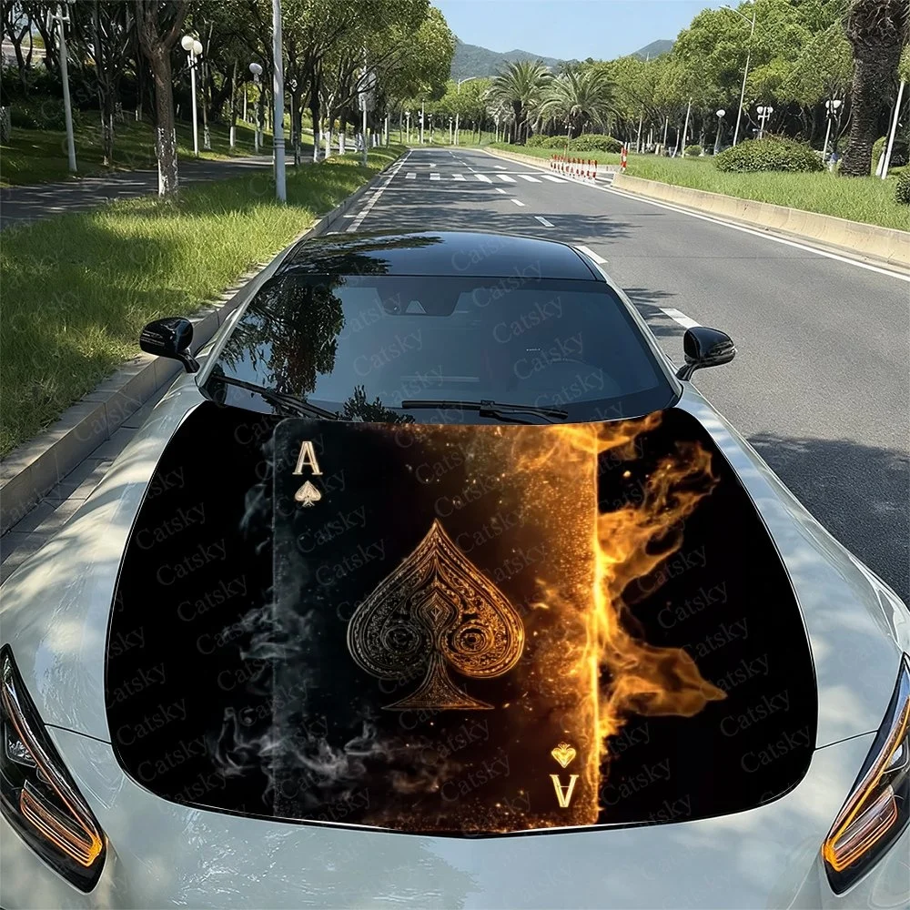 

Ace of Spades with fiery flames design on car hood. Unique, eye-catching artwork for vehicle enthusiasts. Fits various models se