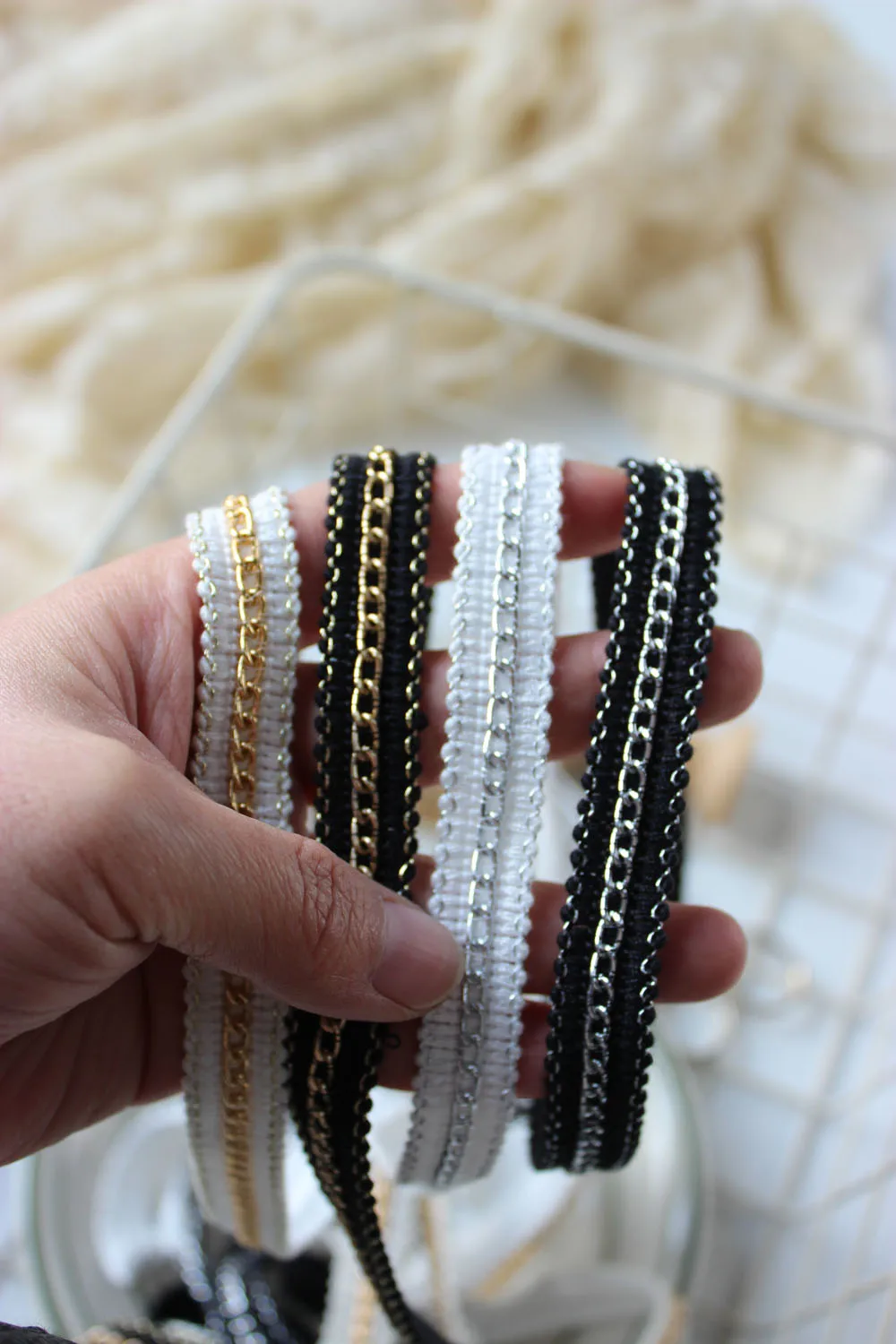 1Yard 1.6cm Classic Chain Trim Golden Silver Metal Lace Black White RibbonTrim Clothing Handmade Sewing Accessory