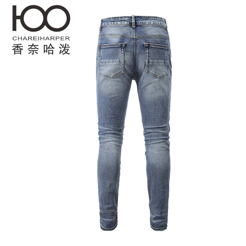 PW656  cheiharper 100 street style blue ripped jeans for men, slim fit and elastic denim pants with rhinestones
