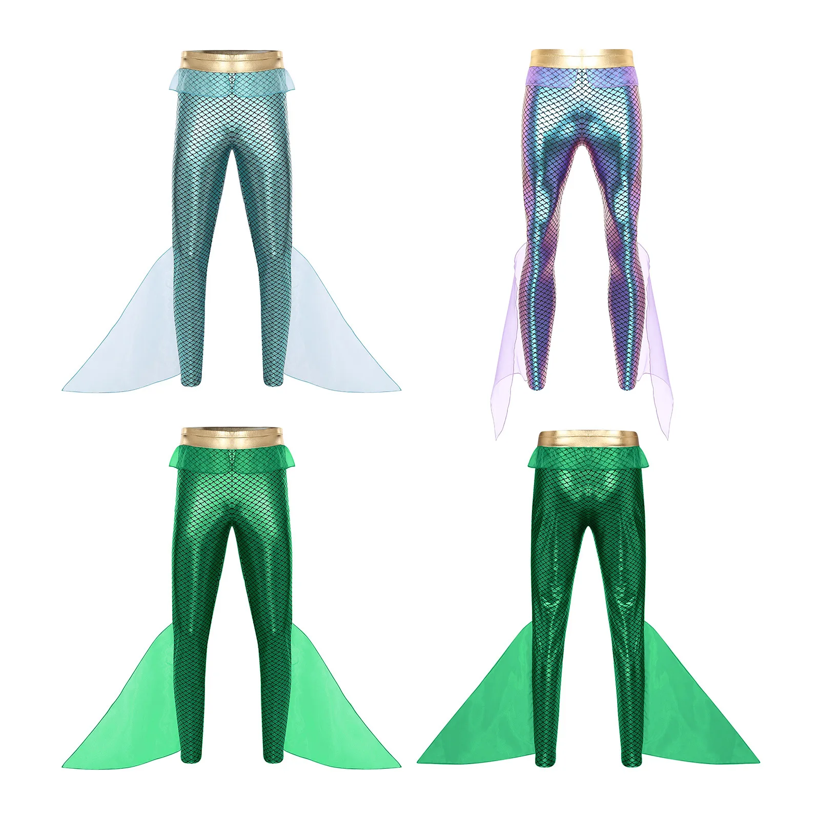 กางเกงนางเงือกสำหรับผู้ชายชุดเดรสแฟนซีคอสเพลย์ราชาแห่งท้องทะเลชุดเดรสแฟนซีผ้าเมทัลลิกพิมพ์ลายตาข่าย