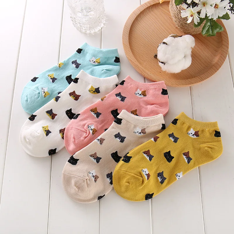 

5 Pairs 1 Lot Women's Socks Summer Animal Print Cute Kawaii Funny Fashionable Shallow Mouth Ankle Socks Comfortable Cotton Socks