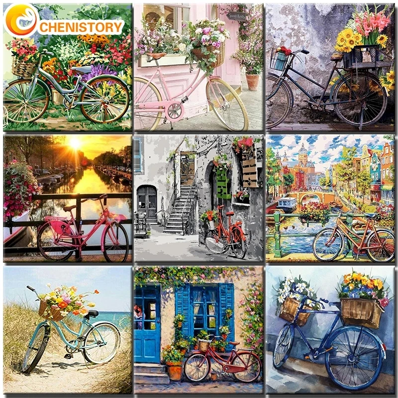 CHENISTORY Oil DIY Painting By Numbers HandPainted Art Pictures Bicycle Landscape Drawing On Canvas Kits Set For Adult Decor Set