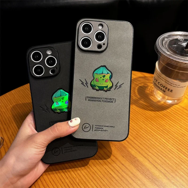 Anime Cartoon Bulbasaur Laser Leder Textur Handyhülle für iPhone 17 Air 16 15 14 13 12 Pro Max stoßfeste Schutzhülle