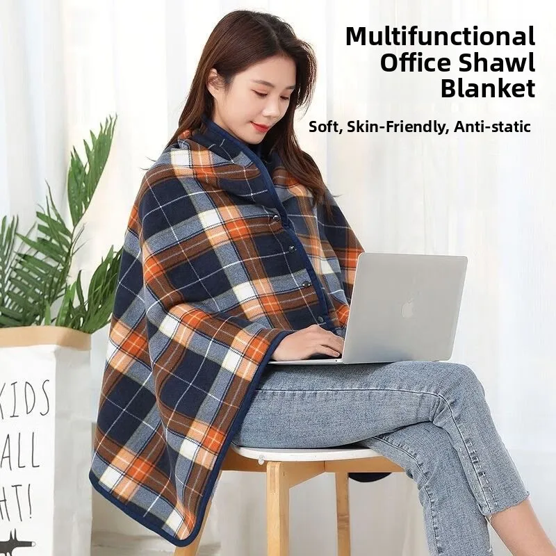 Thickened Multi-Functional Blanket Shoulder Wrap with Button Warm Winter Office Nap Double-Sided Fluffy Blanket Shawl
