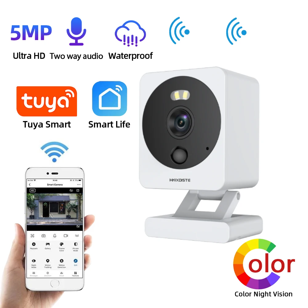 5MP Tuya Wifi IP Camera Wireless Mini Color Night Vision Wifi Baby Monitor Cam Outdoor Wateproof CCTV Video Surveillance Camera