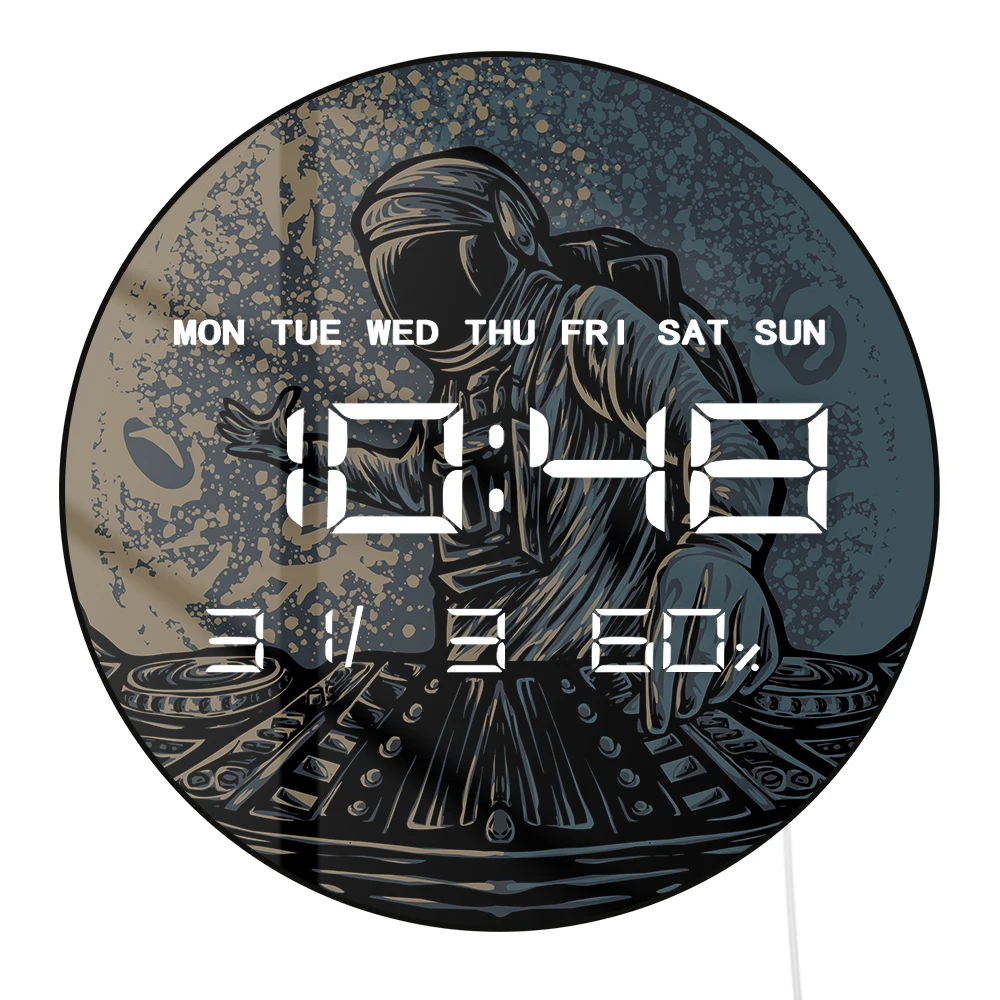 DJ Astronaut At The Moon LED Digital Print Wall Clock Funny Astronaut Music Party Cosmic Turntable Design Electronic Wall Clock