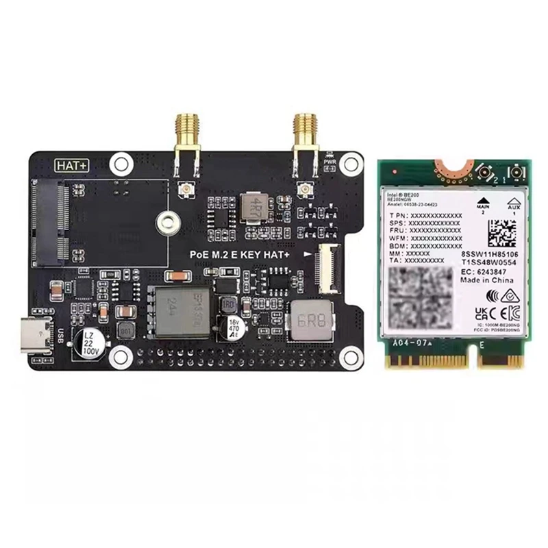 For Raspberry Pi 5 Pcie To M.2 E KEY With Poe HAT+ Expansion Board BE200 Tri-Band Wireless Network Card For RPI 5