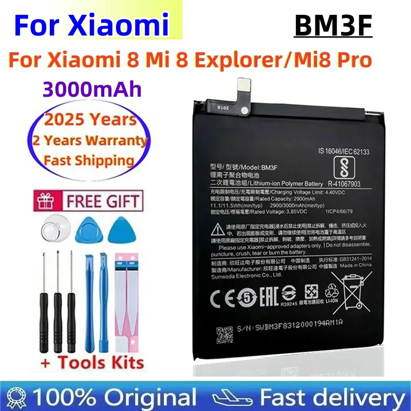 

2025 Years 100% Orginal BM3F 3000mAh Battery For Xiaomi 8 Mi 8 Explorer/Mi8 Pro BM3F Phone Replacement Batteries Fast Shipping