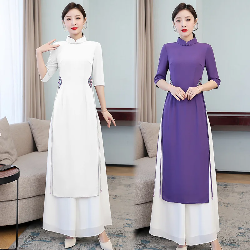 Vintage Harajuku Purple Ao Dai Vietnam Solid Pants Two Piece Set Embroidery Chinese Style Women Slim Casual White Long Top Suits