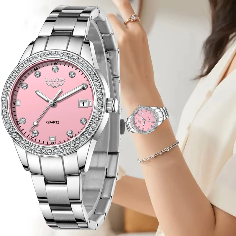 LIGE Creative Pink Dial Diamond Watches for Woman Elegant Women's Bracelet Watch Waterproof Luminous Quartz Ladies Wristwatch