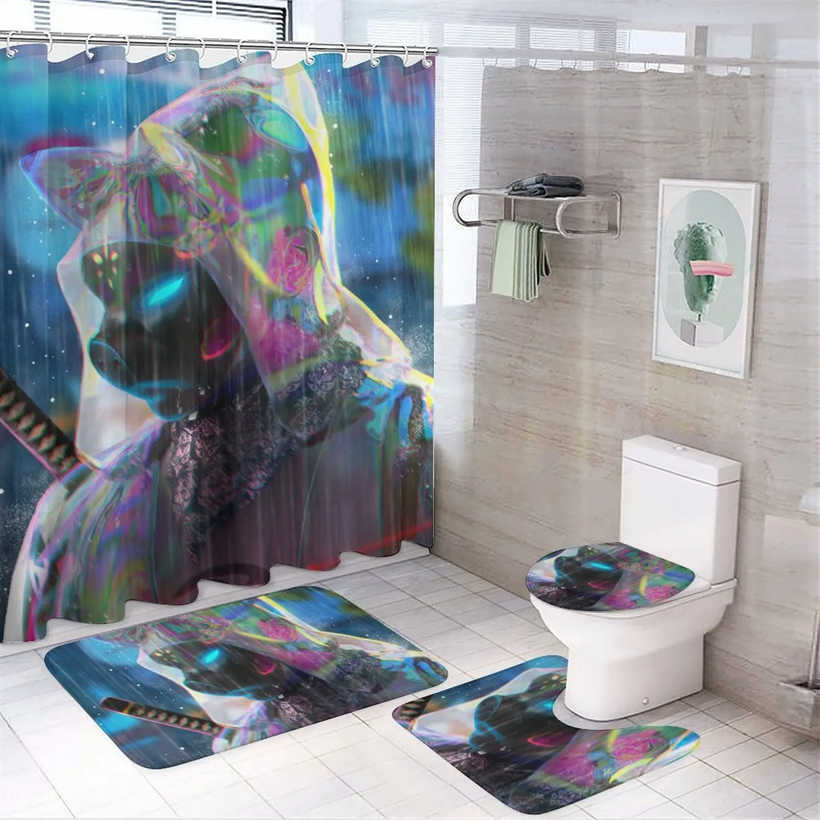 Set of 4 Printed Shower Curtain Decoration Bathroom Waterproof Cover Screen Cushion Toilet  Cover