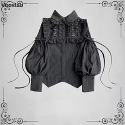 Camisas góticas Vintage para Mujer, Blusas elegantes de estilo Lolita con manga Gigot, Blusas victorianas con volantes dulces, Blusas Kawaii para Mujer