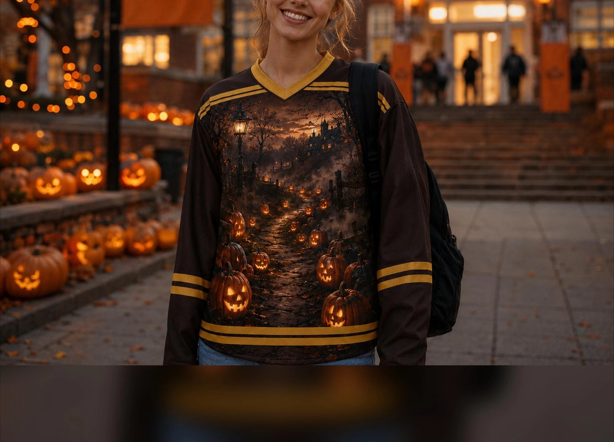 Retro Halloween Jack‑o‑Lantern Graphic Hockey Jersey 3D Print Oversized Long Sleeve Streetwear Festival Tops Family Matching