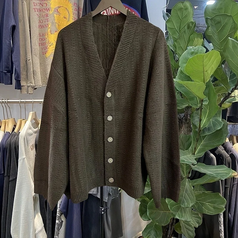 

Свободный вязаный кардиган с V-образным вырезом, повседневный, в стиле оверсайз, для молодежи, мужской и женский, с длинными рукавами, осенняя мода, из Китая