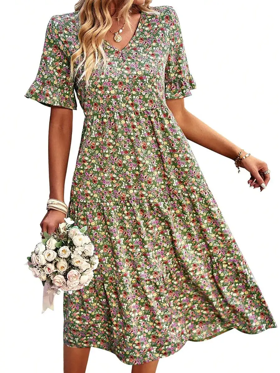

V-Neck Floral Print Midi Dress With Ruffled Short Sleeves, Lightweight Summer Womens Casual Dress