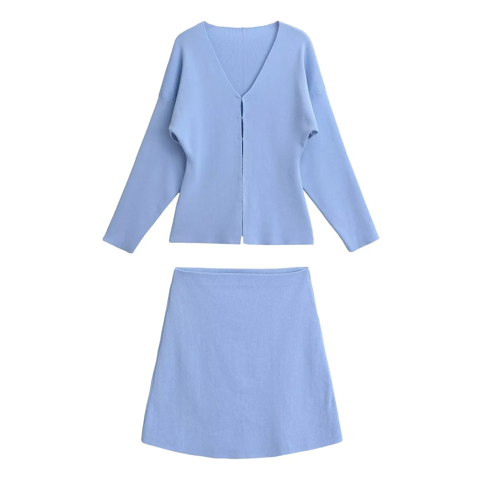 DUOPERI Women Fashion 2 Pieces Sets Solid Knitted Tops Jacket and High Elastic Waist Mini Skirt Female Chic Skirts Coordinates