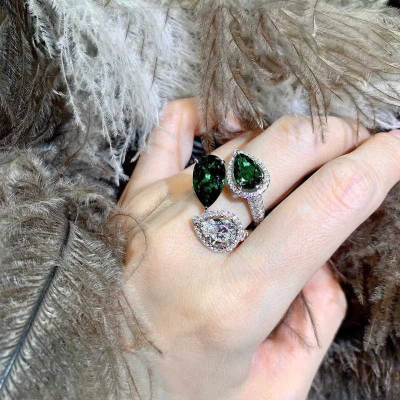 925 sterling silver sparkling high-end feeling emerald green peacock green zircon diamond open ring for women's light luxury