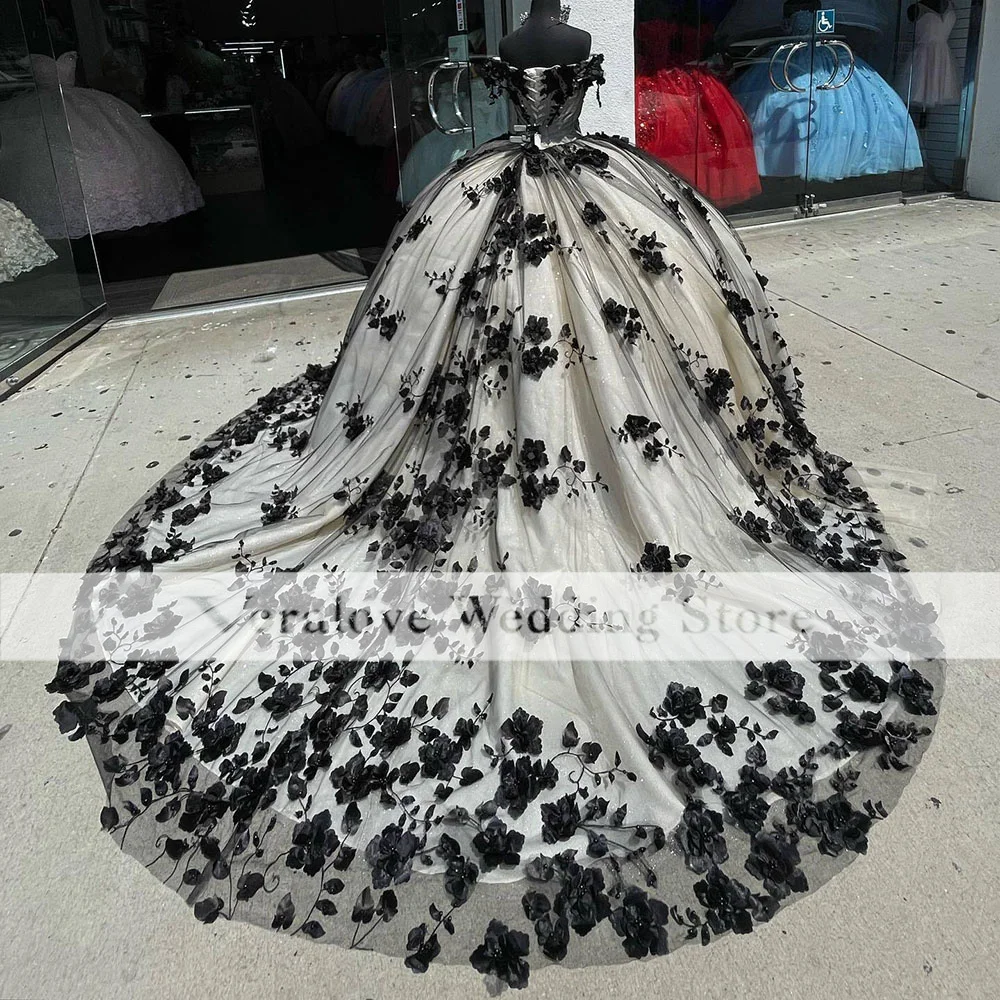 Customized Romantic Black 3D Flowers Princess Ball Gown Quinceanera Dresses Off Shoulder Sweet 16 Dress Vestidos De 15 Años