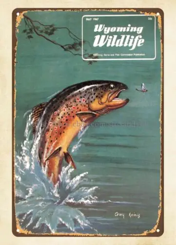 Wyoming Wildlife art 1967 trout fishing metal tin sign old  living room walls sign