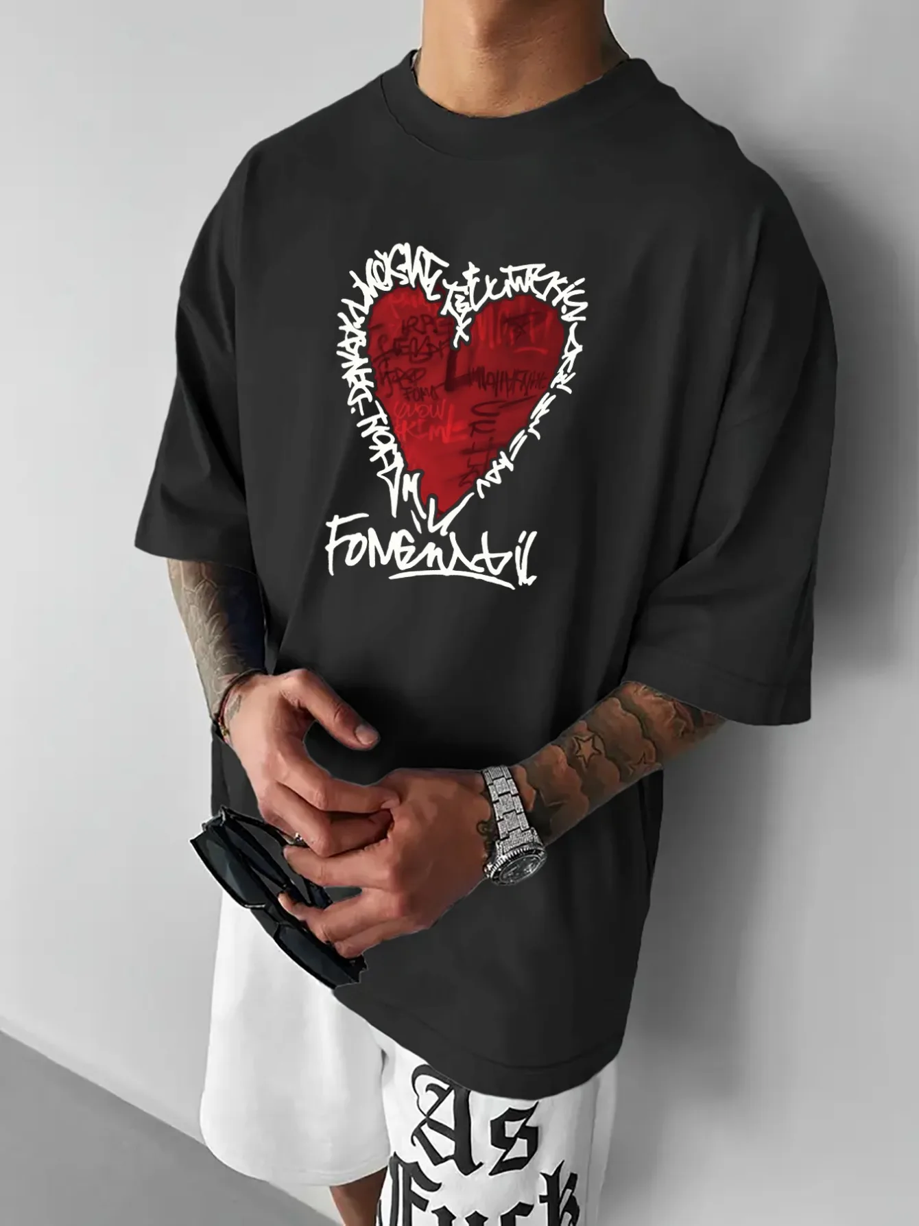 Neues Sommer-Herren-T-Shirt mit Liebesbrief-Muster, lockerer Schnitt, 100 % Baumwolle, trendig und vielseitig, geeignet für den täglichen Freizeitgebrauch.