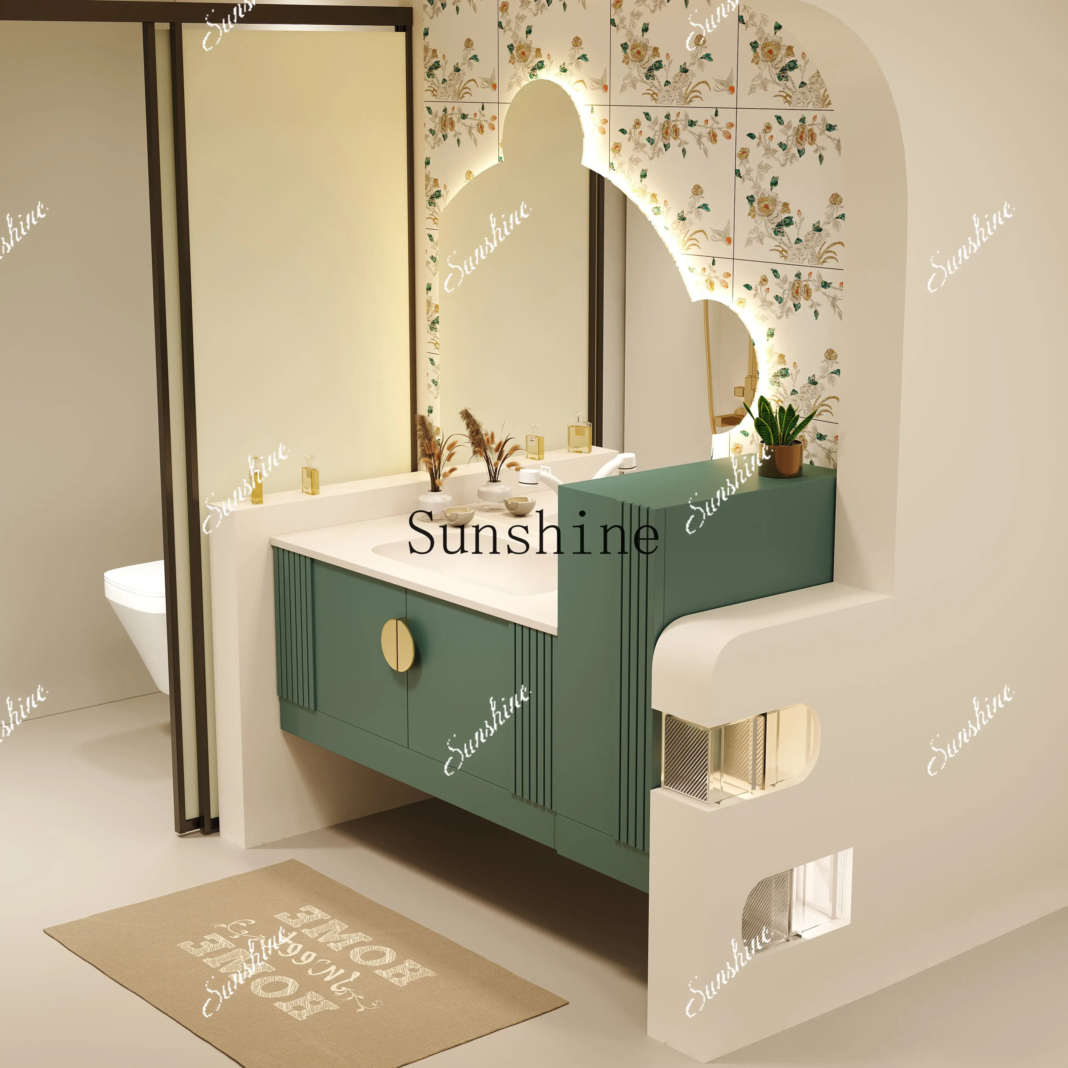 

Light luxury rock slab solid wood green bathroom cabinet combination modern seamless washstand FT