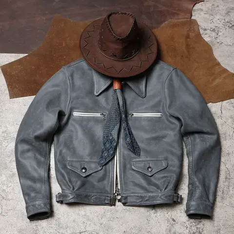 Cyangrå vinterläderjacka herr Retro Vintage-stil Plusstorlek 5XL Äkta naturlig kohud Tyskland Hartman BF-109 flygjacka 8 best sales Tyska rockar - №2